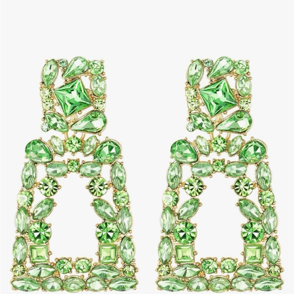 Green Rhinestone Rectangle Dangle Earrings - image 1